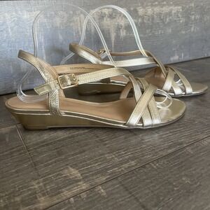 Talbots Gold Leather Strappy Slingback Sandals Low Wedge 8.5M Summer Core